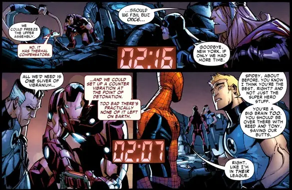 A comic book panel shows Iron Man, Spider-Man, and other heroes in a tense moment, with a digital timer counting down from…