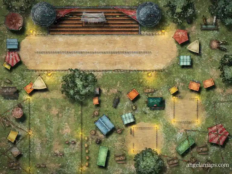 An overhead fantasy map depicts a campsite with numerous tents, tables, trees, and a central wooden stage with two large…