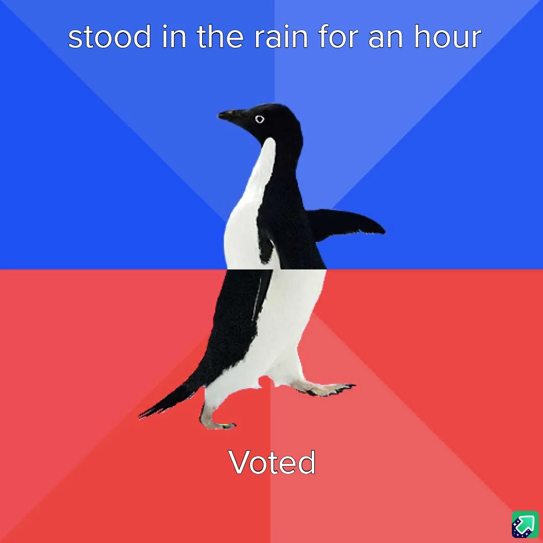 A black-and-white penguin stands centered against a split background of blue and red with diagonal rays. The top half has…