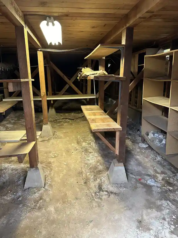 A dimly lit, unfinished basement with exposed wooden beams and concrete floor, featuring partially built wooden shelves and…
