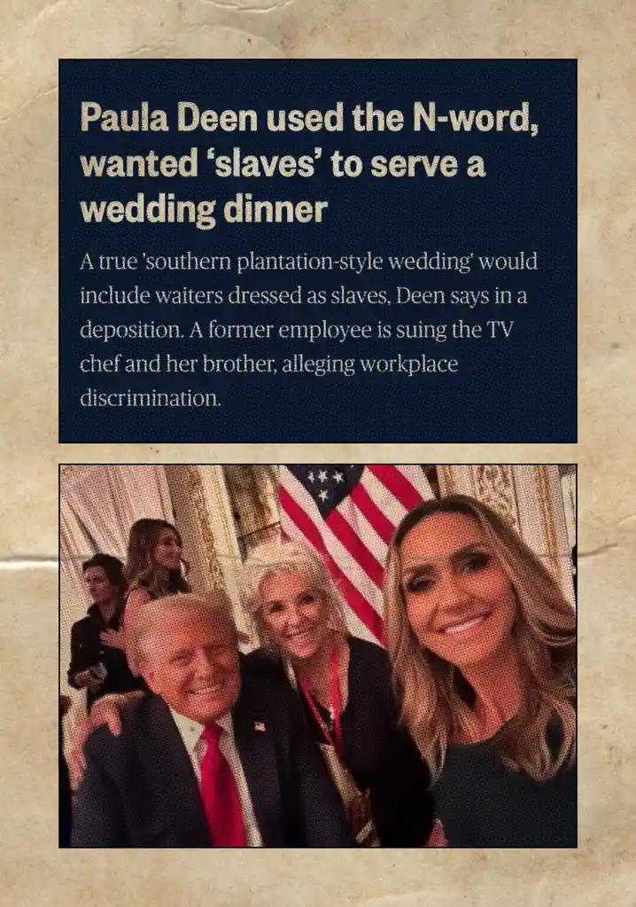 The image displays a split-screen format: the top half shows text about Paula Deen's controversial statements regarding…