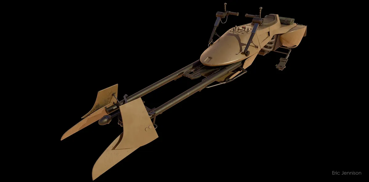A tan-colored, desert-themed starfighter from Star Wars, likely a Sandcrawler or similar vehicle, is shown against a black…
