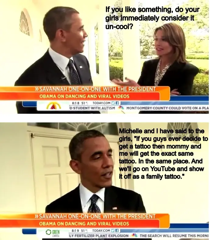 The meme features two frames from a 2011 interview with former President Barack Obama. In the top frame, he smiles while…