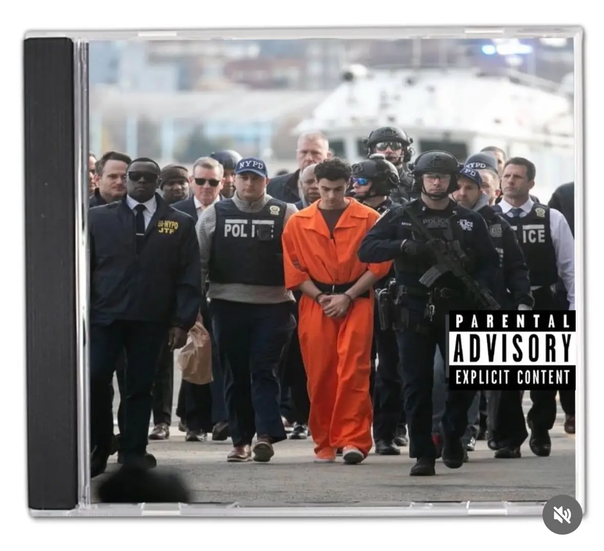 An image of a CD case featuring a photo of a young man in an orange jumpsuit being escorted by numerous NYPD and other…