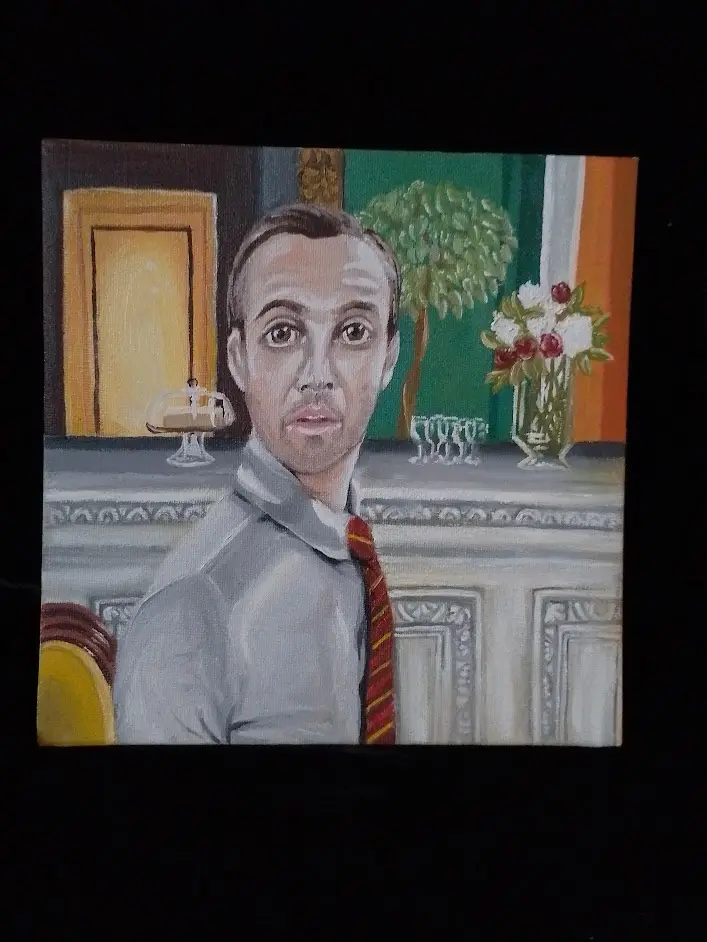 A painted portrait of a man in a gray shirt and red-striped tie, seated in front of an ornate fireplace mantel with a vase…