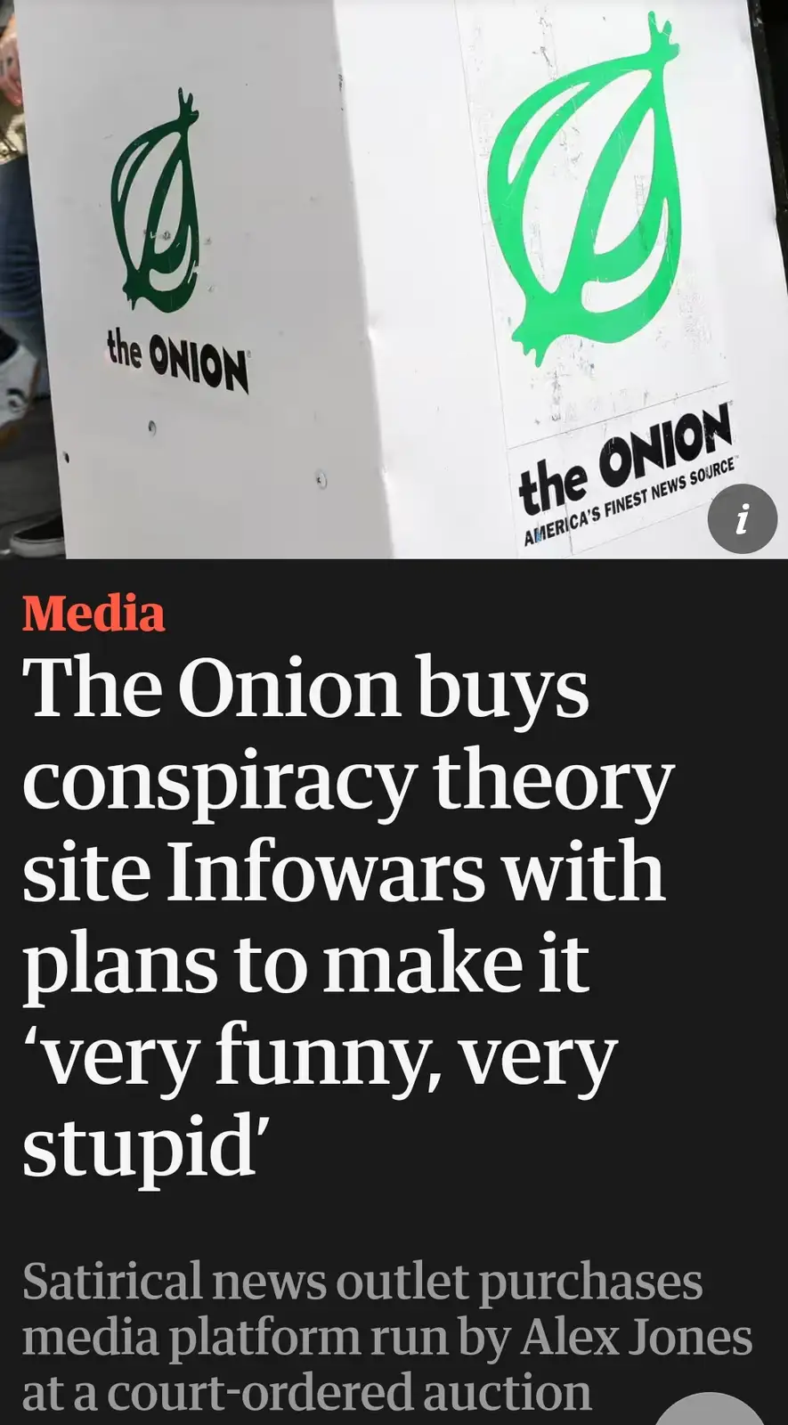 The image shows two white signs with The Onion's green onion logo and text. One sign reads 'the ONION' and the other reads…