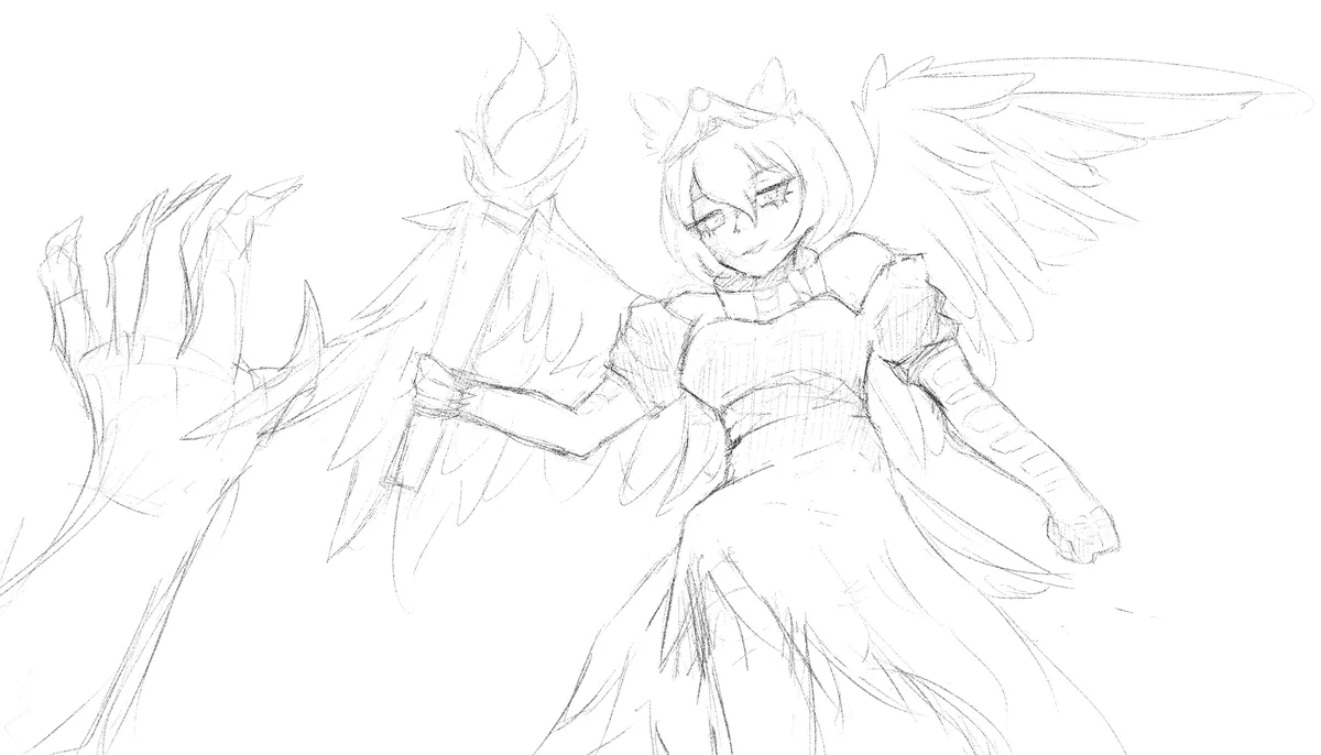 A black-and-white sketch of an anime-style angelic character with large wings, holding a flaming torch, and smiling…