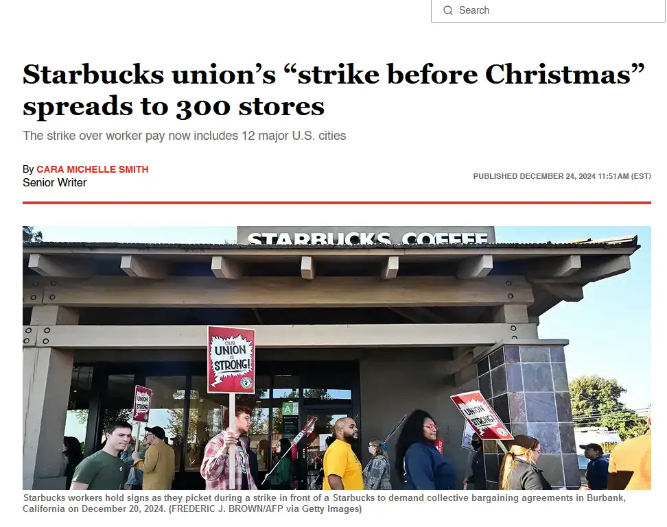 A news article headline reads 'Starbucks union’s “strike before Christmas” spreads to 300 stores'. Below, workers stand…