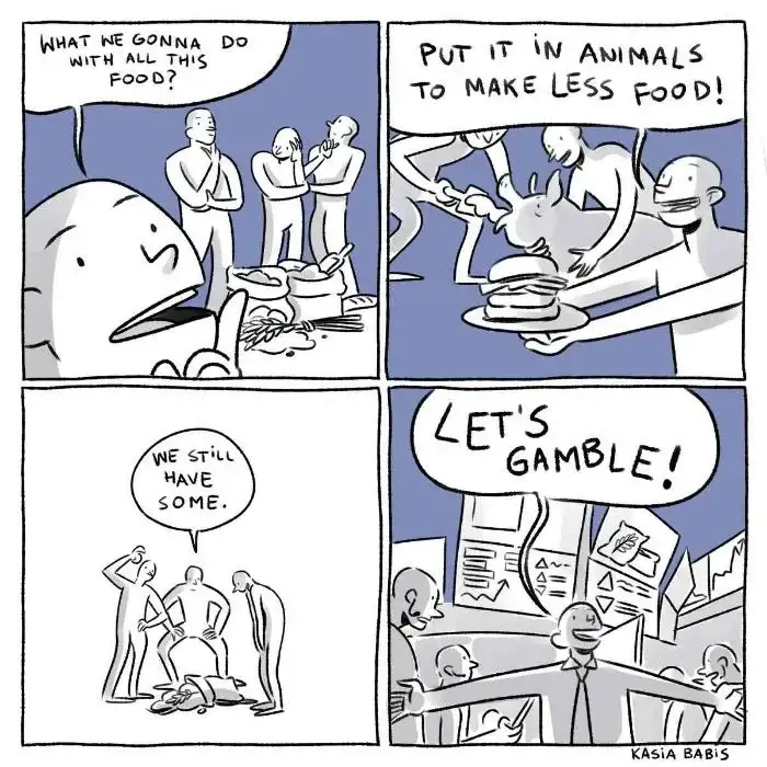A four-panel comic strip by Kasia Babis shows a group of men struggling with excess food. One panel shows them putting food…
