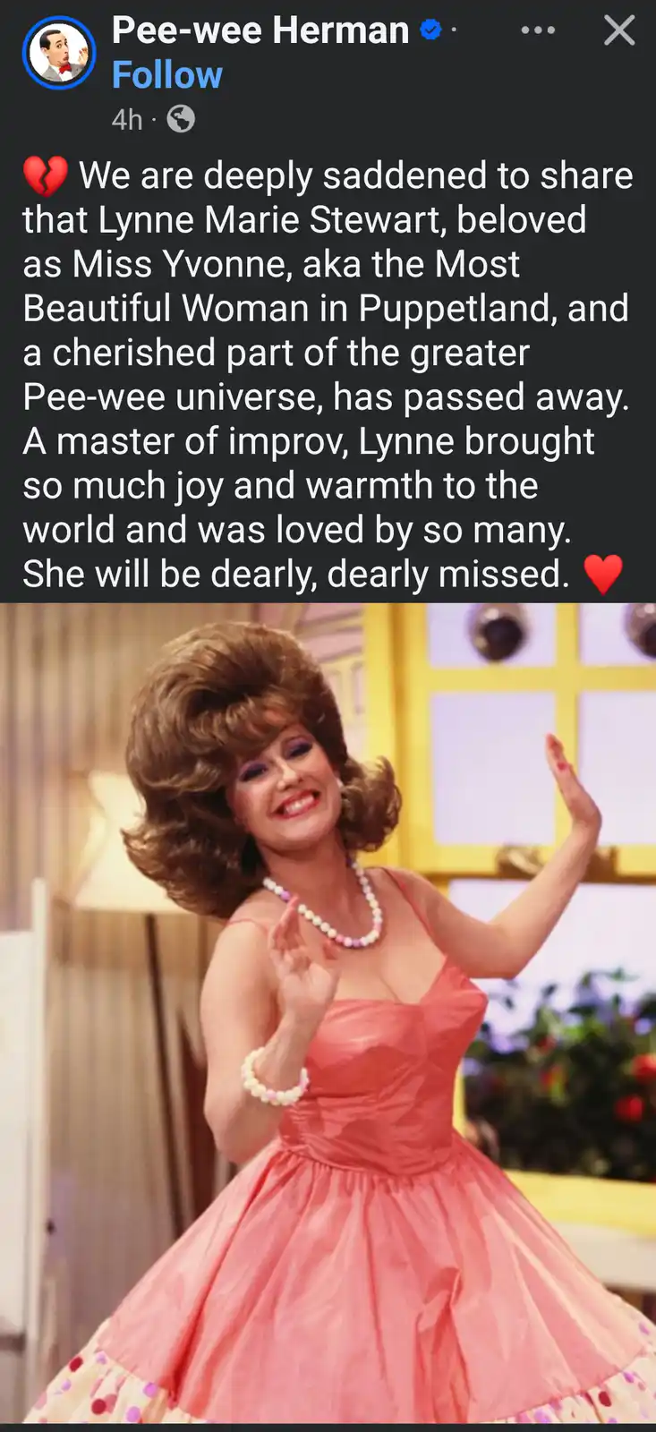 An Instagram post from Pee-wee Herman's account features a photo of Lynne Marie Stewart, known as Miss Yvonne from…