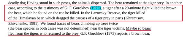 A screenshot of a scientific text excerpt, with a red box highlighting a paragraph about tigers killing bears, followed by a…
