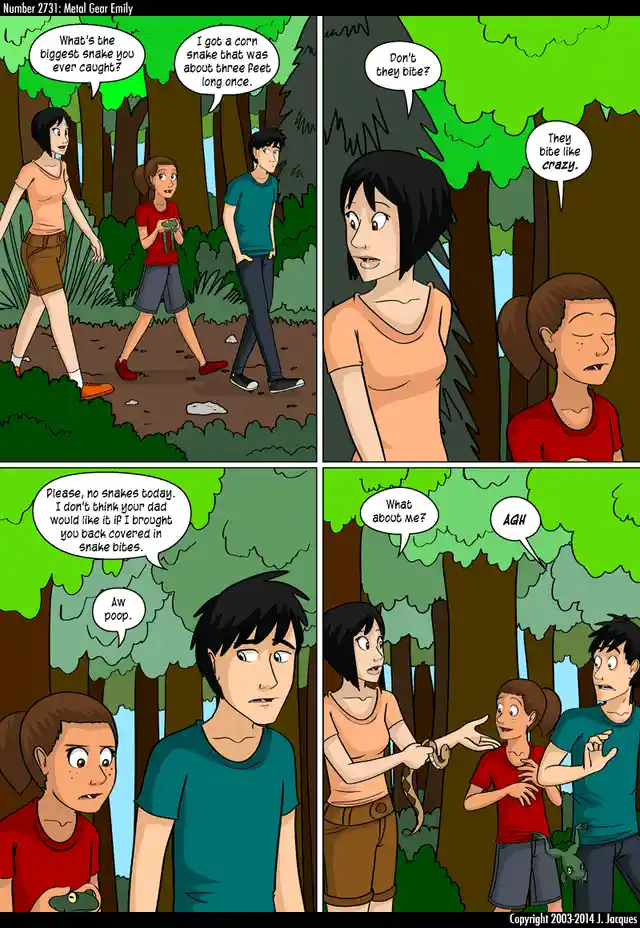 A four-panel comic strip shows three characters walking through a forest. One character recounts catching a three-foot corn…