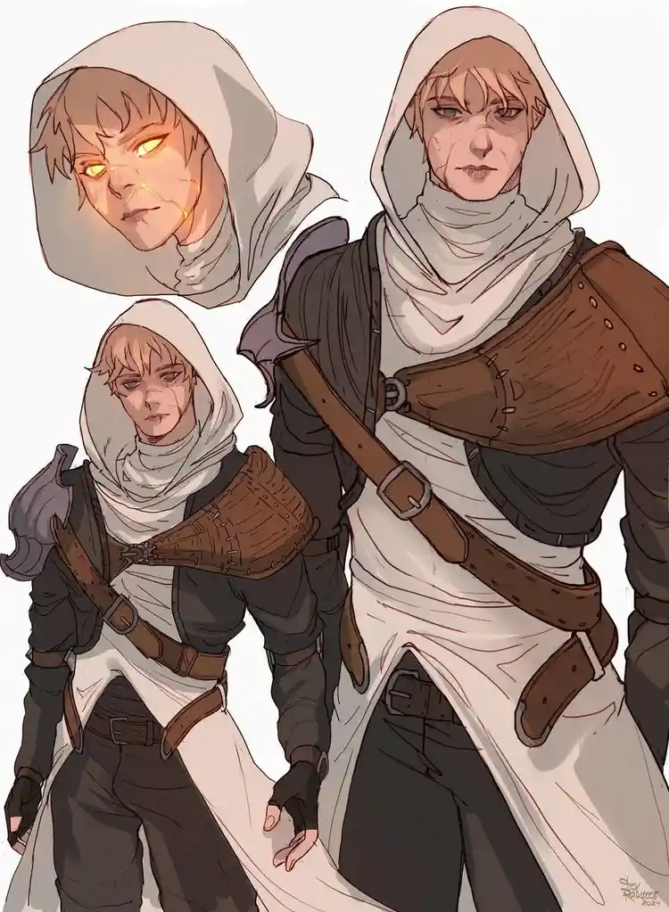 The image shows three depictions of the same character, a person with short brown hair wearing a white hooded robe and brown…
