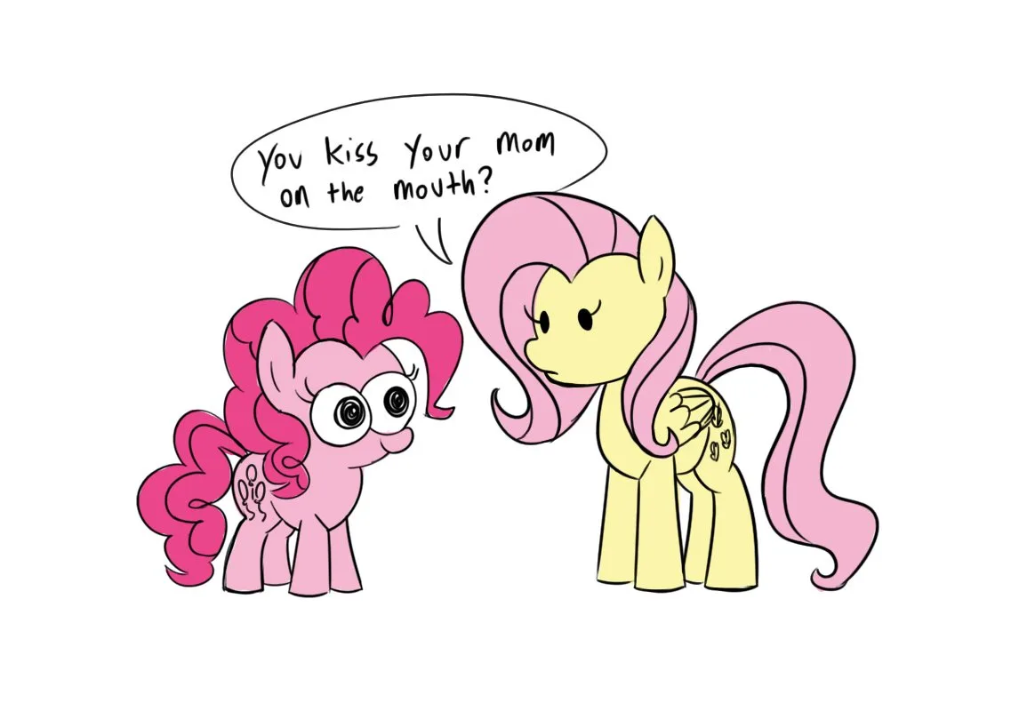 Two cartoon ponies are depicted: a pink pony with large, surprised eyes on the left, and a yellow pony with pink mane and…