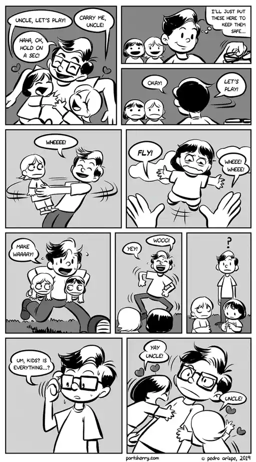 A black-and-white comic strip shows an uncle playing with two excited children. He initially carries them, then puts them…