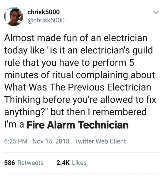 A screenshot of a tweet by user chrisk5000 from November 2018. The tweet humorously recounts nearly making fun of an…