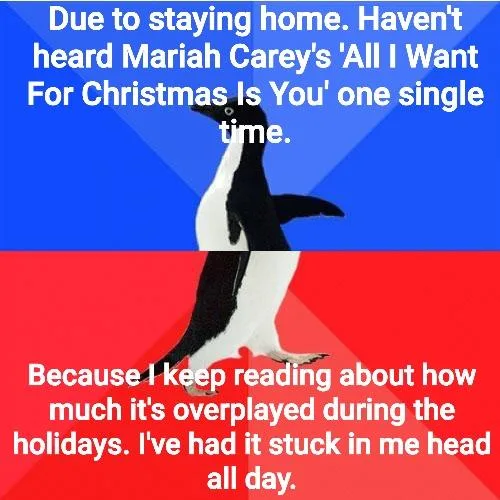 A penguin stands centered against a blue and red background, with white text overlaid in two sections. The top text reads…