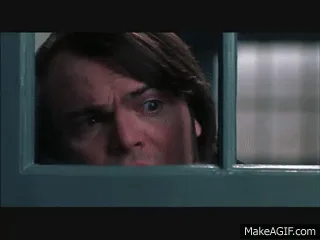 A six-frame GIF shows actor Jack Black peering through a barred window, his facial expression escalating from curious to…