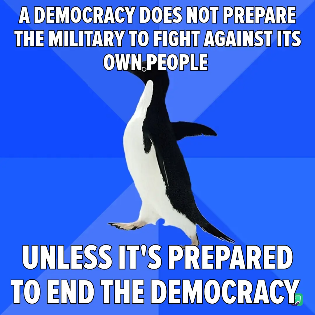 A penguin stands upright against a blue background with white text overlaid in two sections. The top text reads 'A DEMOCRACY…