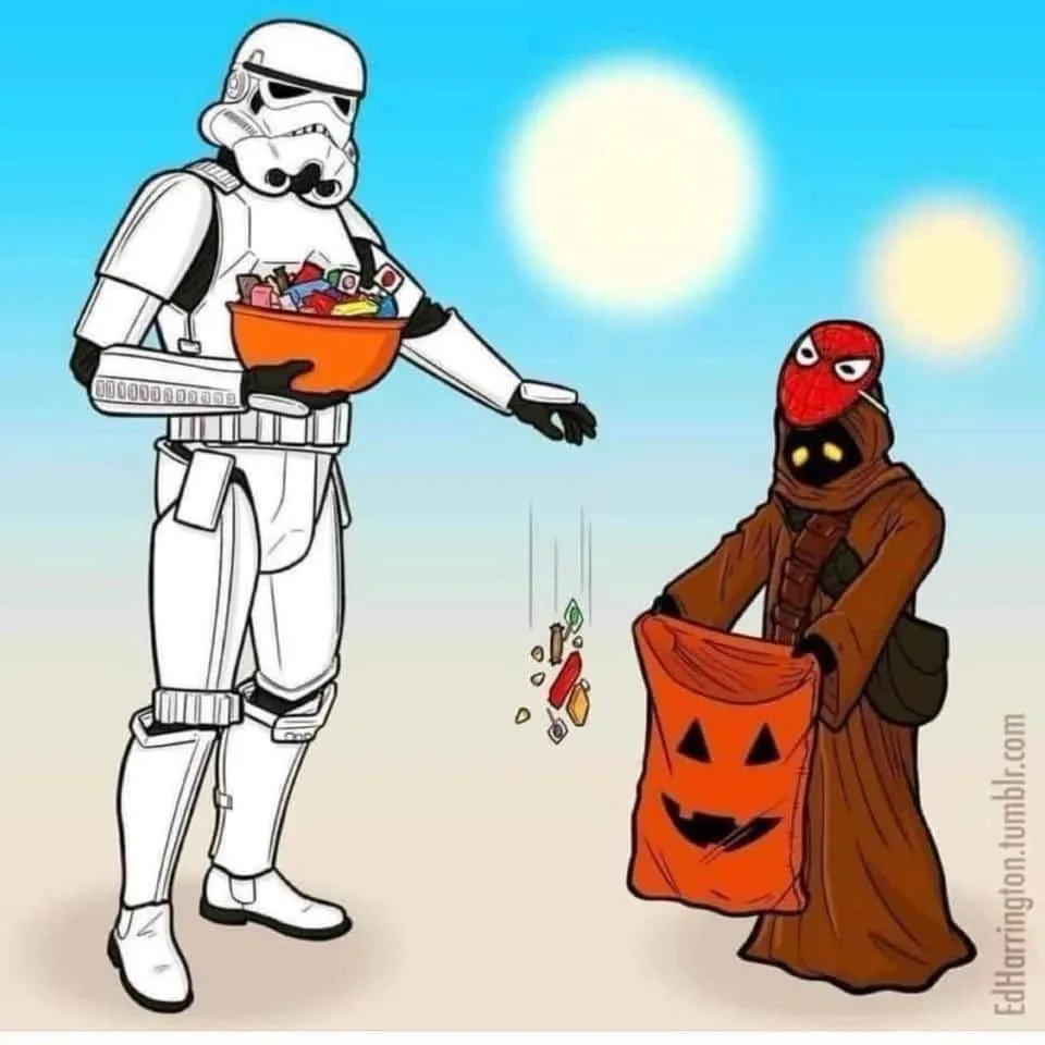 A cartoon stormtrooper in white armor holds a bowl of candy and offers it to a figure in a brown robe with a red spider-mask…