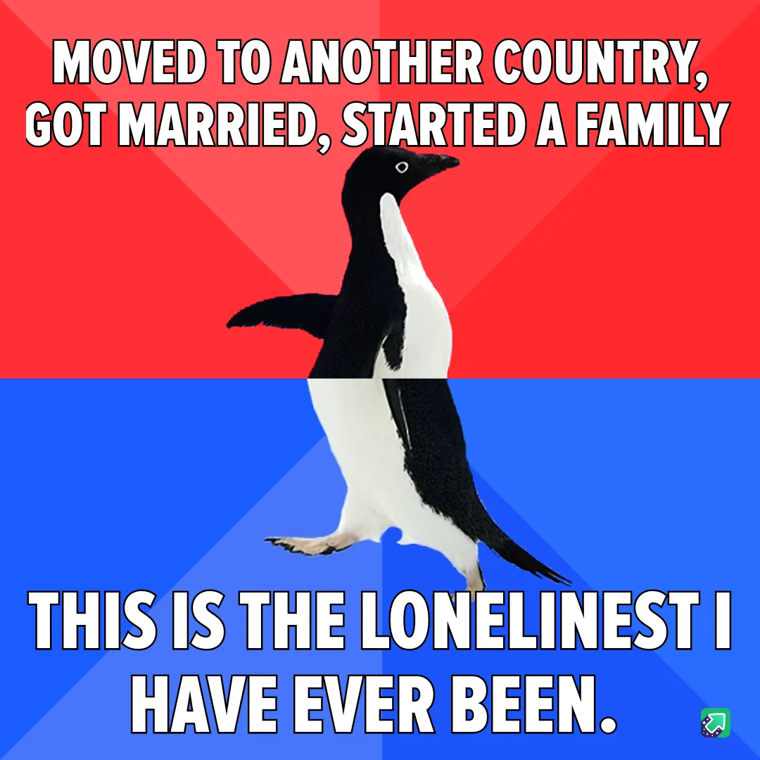 A black-and-white penguin stands centered against a red-and-blue background, with bold white text above and below. The top…