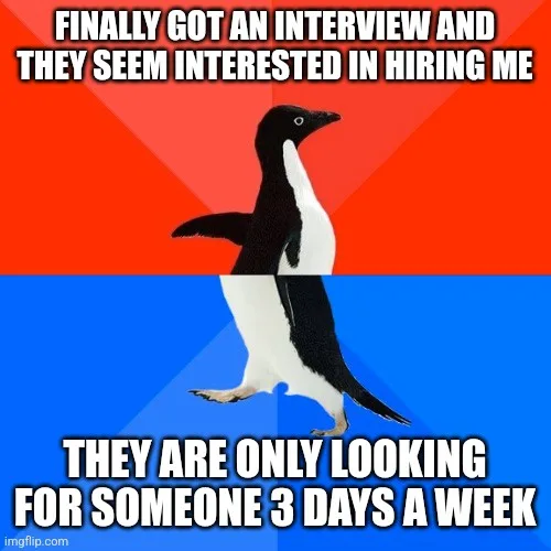 An adélie penguin stands in a split background of red and blue, with bold white text overlaid. The top text reads 'FINALLY…