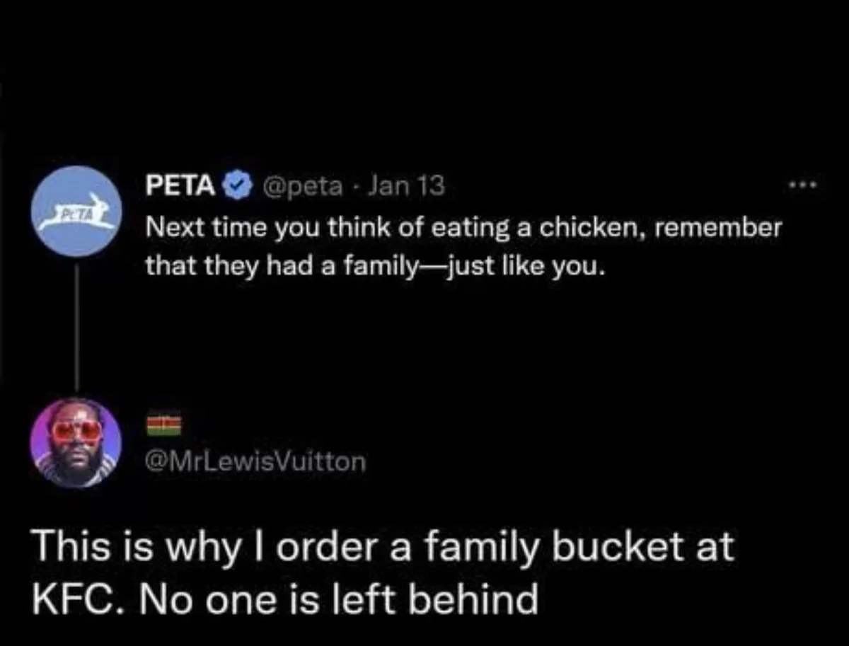 A screenshot of a Twitter thread shows PETA's tweet urging people to consider chickens' families before eating them. Below…