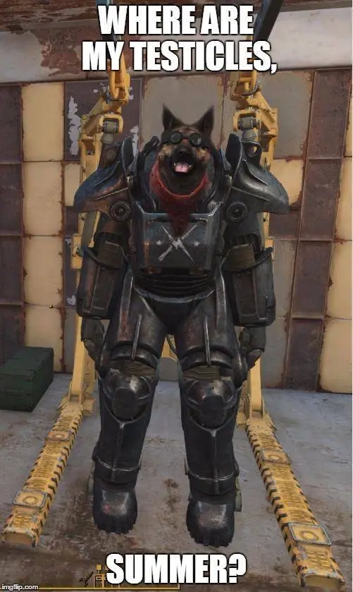 A dog wearing a full-body, heavily armored power armor suit from the Fallout video game series, standing in a hangar-like…