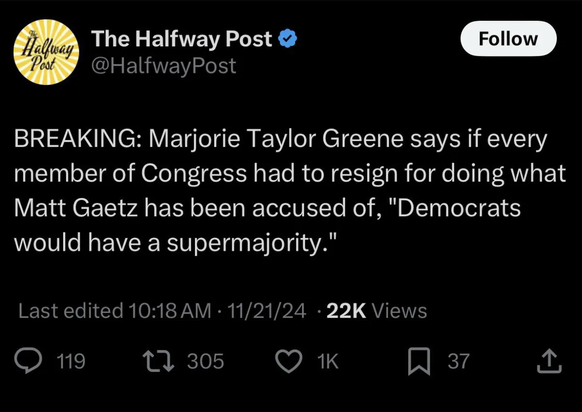 A screenshot of a tweet from 'The Halfway Post' account, displaying a breaking news-style headline that quotes Marjorie…
