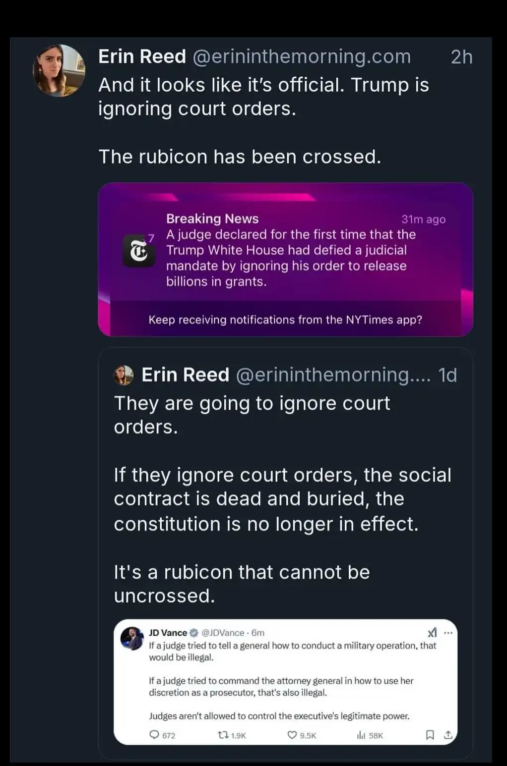 A screenshot of a Twitter thread by Erin Reed, who declares Trump has crossed 'the rubicon' by ignoring court orders after a…