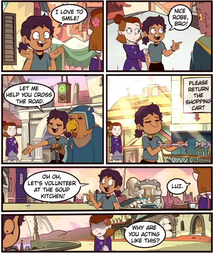 A six-panel comic strip from 'Star vs. the Forces of Evil' shows Luz, a cheerful young girl, enthusiastically offering help…
