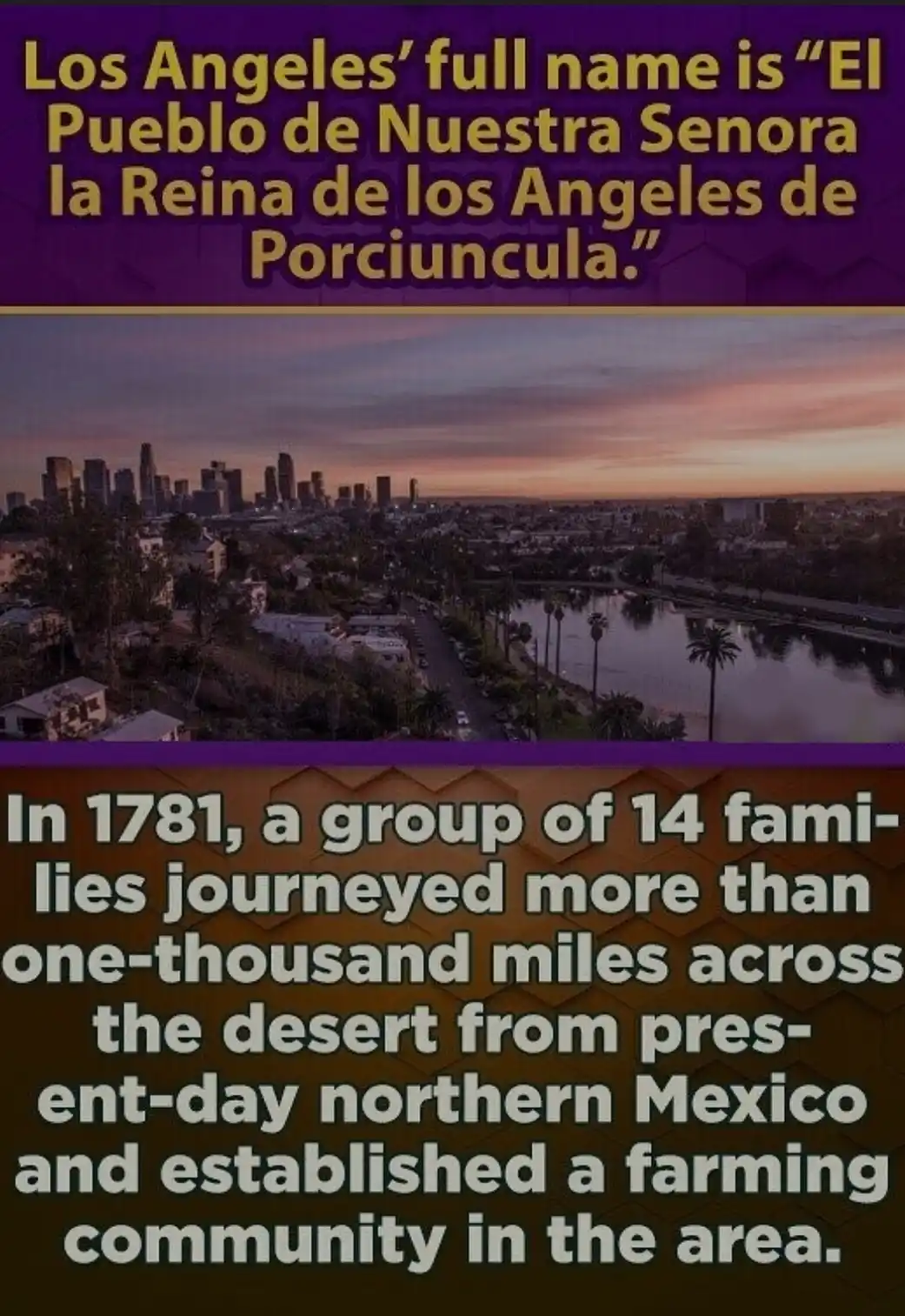 The image shows a sunset view of the Los Angeles skyline with palm trees and a river in the foreground. Overlaid text at the…
