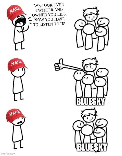 A three-panel comic strip featuring a stick figure wearing a red MAGA hat. In the top panel, the figure shouts at a group of…