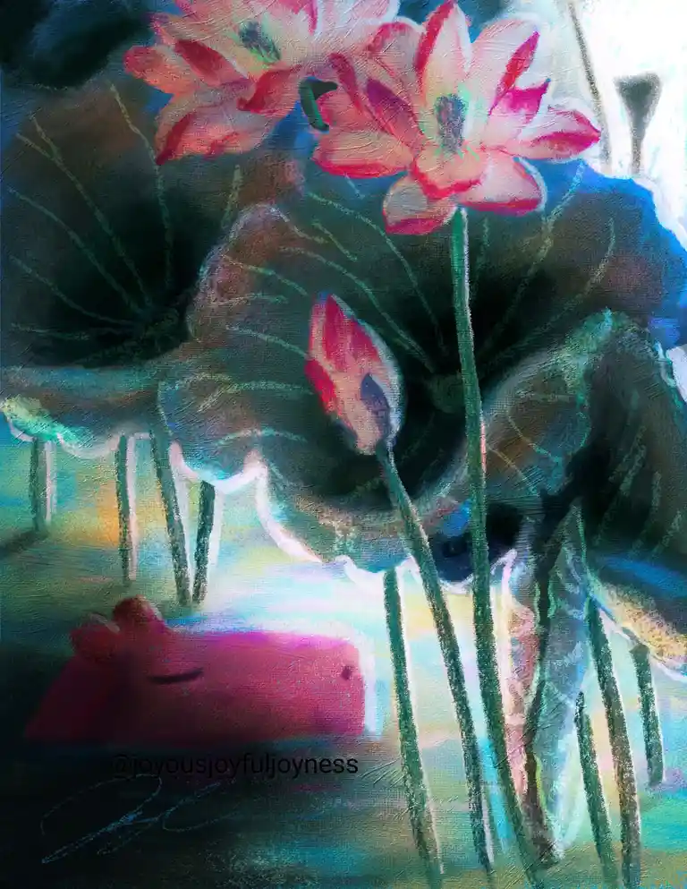 An abstract, painterly image depicts pink lotus flowers and green stems rising from water, with a small red boat visible in…
