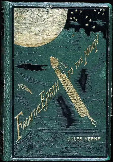 An antique green book cover of Jules Verne's 'From the Earth to the Moon' shows a golden rocket ship flying through clouds…