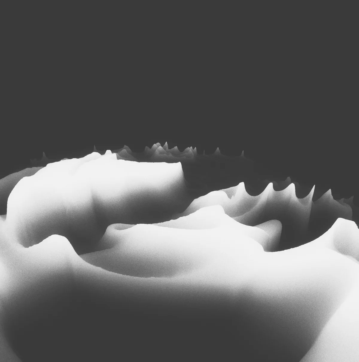 A black and white abstract image shows layered, undulating, wave-like forms that resemble soft clouds or smoke against a…