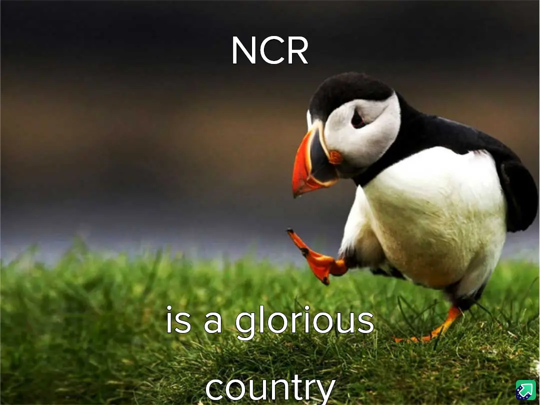 A puffin stands on green grass, looking down with one foot lifted, as white text above reads 'NCR' and below reads 'is a…