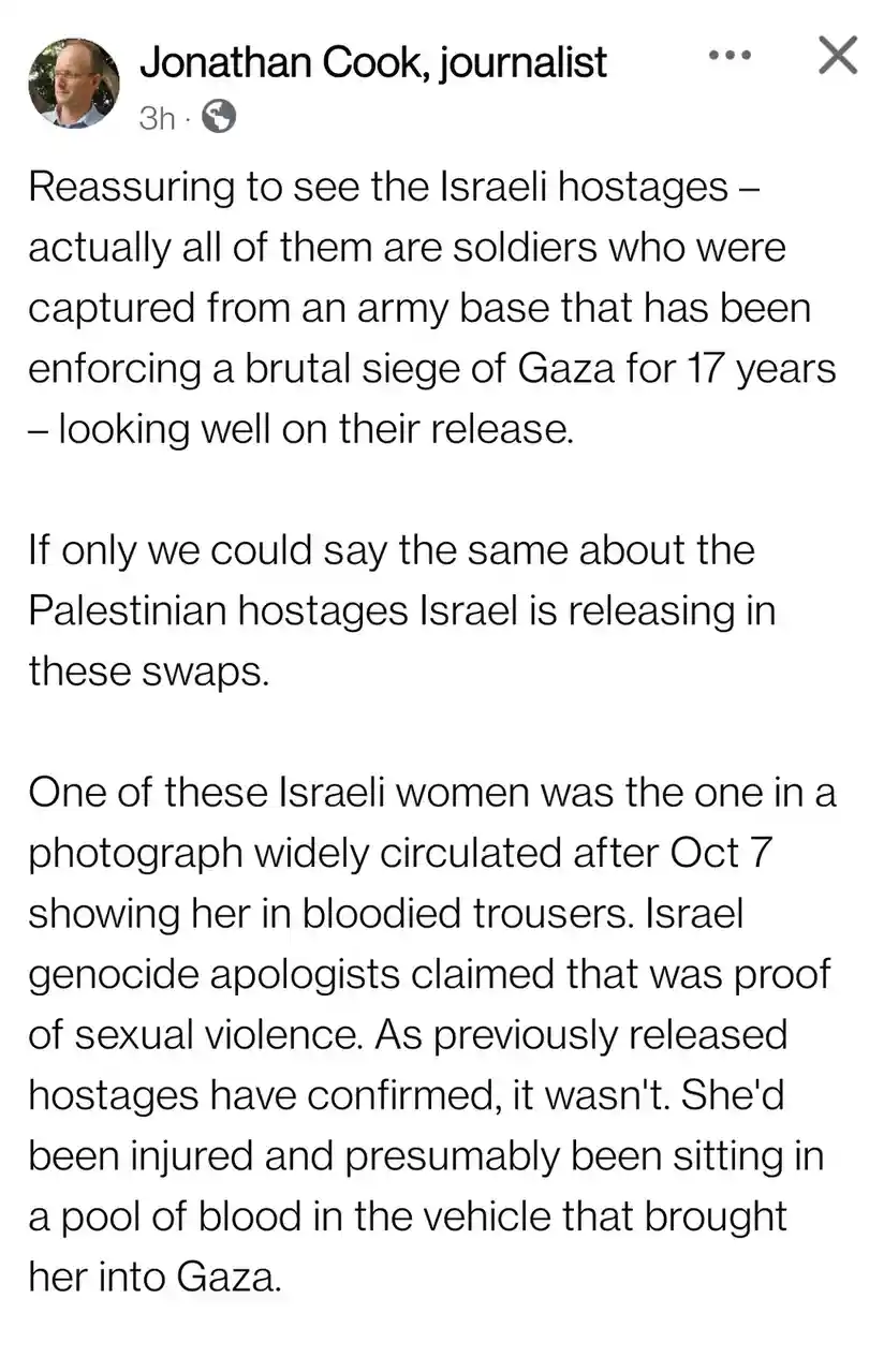 The image displays a screenshot of a social media post by journalist Jonathan Cook. The post's text critiques the release of…