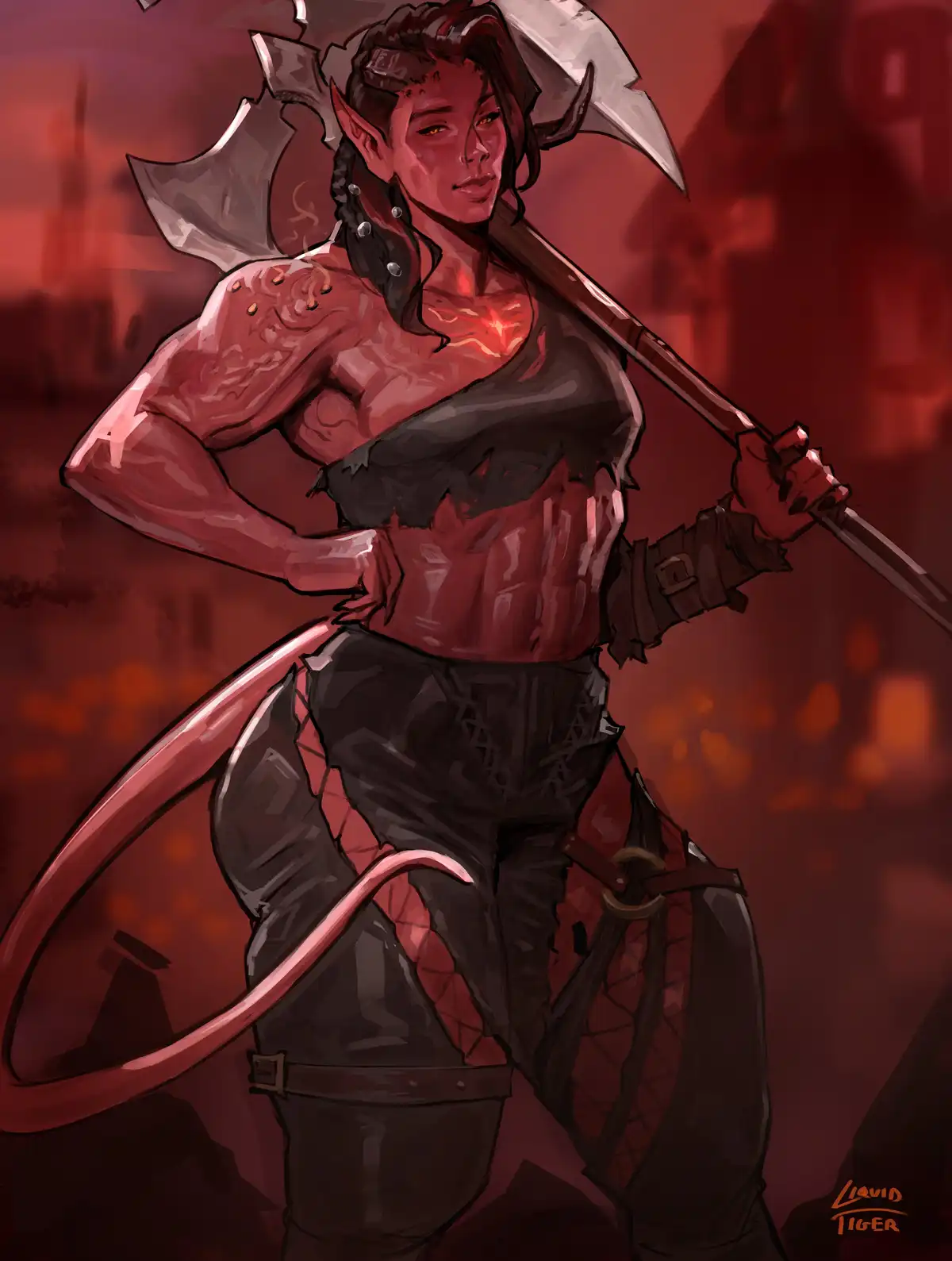 A muscular, demonic-looking woman with horns, pointed ears, and a long tail stands confidently, holding a large axe over her…