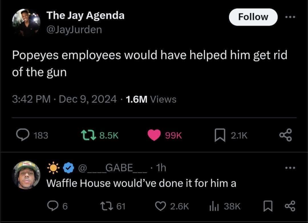 A screenshot of a Twitter thread shows a tweet from 'The Jay Agenda' stating 'Popeyes employees would have helped him get…