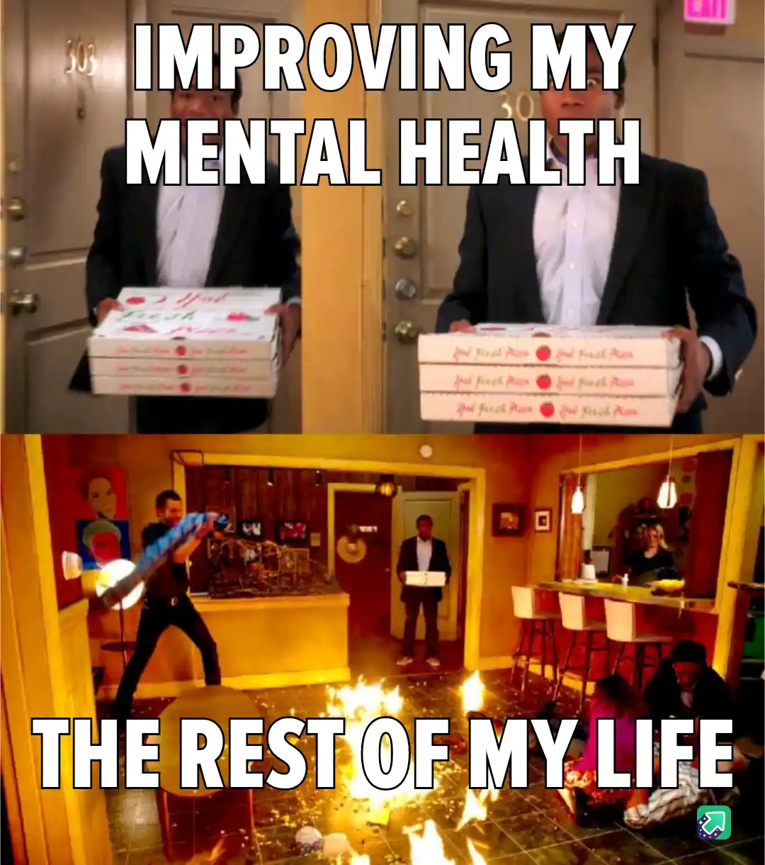 The top panel shows a man in a suit holding a stack of pizza boxes with the text 'IMPROVING MY MENTAL HEALTH'. The bottom…