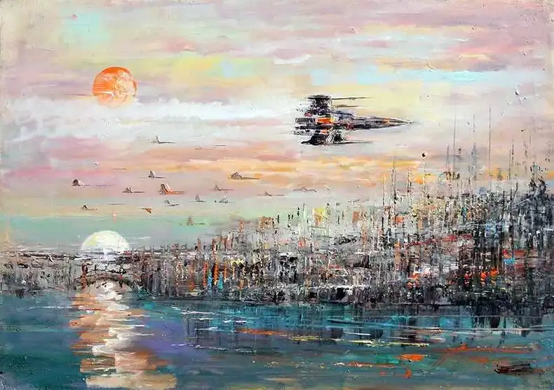 An abstract, impressionistic painting depicts a cityscape at sunset or sunrise with a large orange sun and a smaller white…