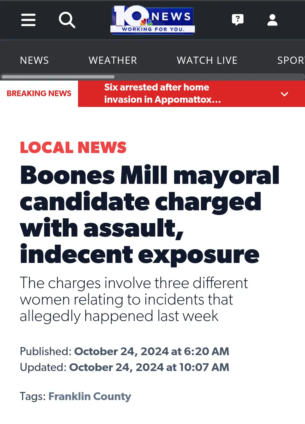 A screenshot of a 10 News mobile app article shows a breaking news headline about a Boones Mill mayoral candidate charged…
