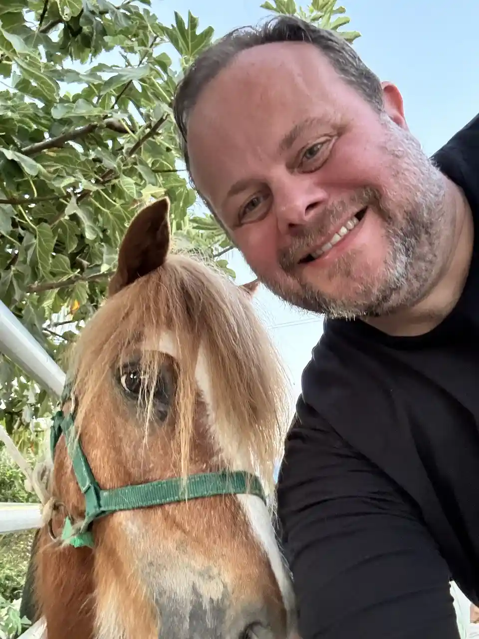 A man with a beard and black shirt smiles at the camera while leaning close to a brown horse with a white blaze and green…