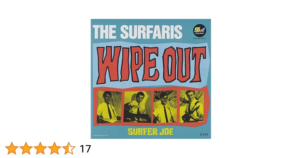 The image displays the vintage album cover for 'Wipe Out' by The Surfaris, featuring four photos of the band members in…