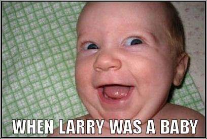 A close-up photo of a baby with wide, surprised eyes and an open mouth, seemingly laughing or gasping, against a green and…