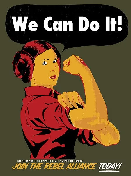 A stylized poster features a woman with red hair in buns, wearing a red shirt over a black top, flexing her right bicep in a…