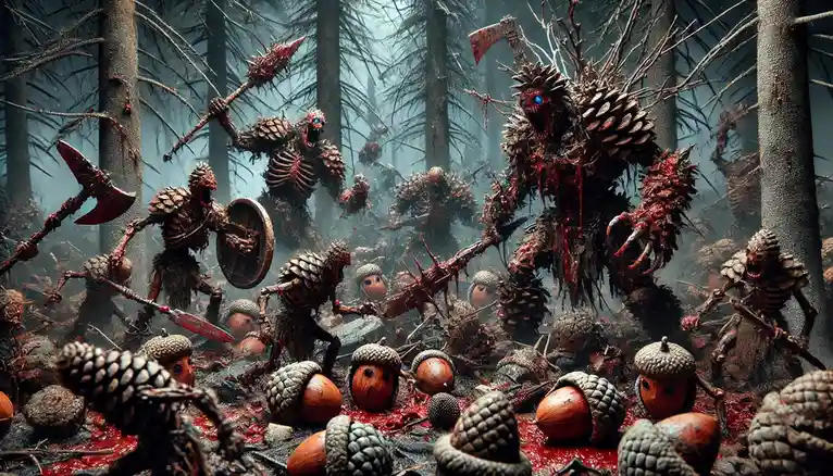 A dark, gory fantasy scene depicts monstrous pinecone-like creatures with glowing blue eyes and bloodied weapons battling in…
