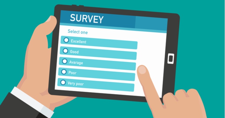 A cartoon illustration shows a person's hands holding a tablet displaying a customer satisfaction survey with five radio…