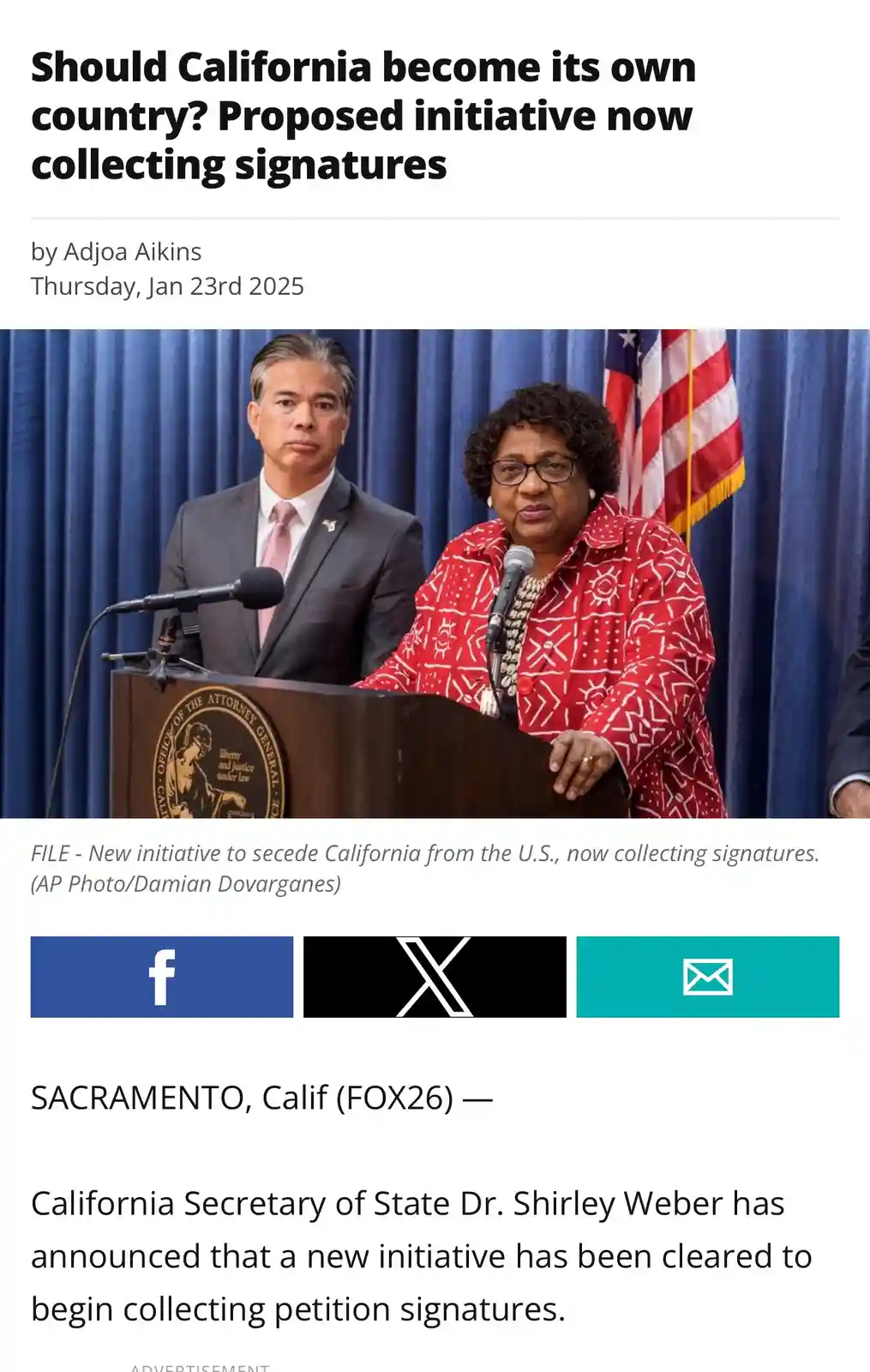 A screenshot of a news article shows two officials at a podium with an American flag behind them. The headline reads 'Should…